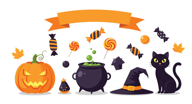 Halloween collection with a jack o'lantern black cat witch hat cauldron and candy on a white background with an orange ribbon banner. - Powered by Adobe