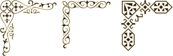 Vector Kazakh gold with black national ornament, Ethnic pattern of the Turkic peoples. Drawing of nomads. Yurt decoration. Frame, vignette of the page.