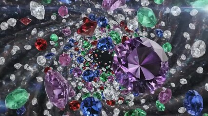 A dazzling explosion of colorful gemstones and diamonds swirling in a vibrant, cosmic vortex, creating a mesmerizing abstract pattern of luxury and wealth - Powered by Adobe