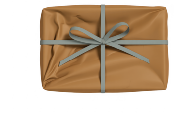 Brown gift box with gray ribbon isolated on a transparent background present wrapped