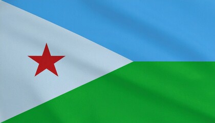 Djibouti national flag with blue and green bands, white triangle, and red star symbolizing peace and unity.