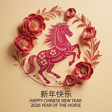 Happy chinese new year 2026 year of the horse celebration with red horse and flowers