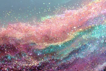 Fototapeta premium Swirls of shimmering glitter dust in pastel colors evoke a dreamy and magical feel, as if capturing a cosmic event in a cloud of sparkles.