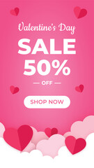 Vertical Valentine's Day Sale Banner or Background Template for Social Media Story with 50% Off and Shop Now Button