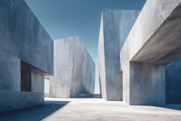 Obraz premium Architectural design featuring stark concrete structures under a bright, clear sky, emphasizing lines and shapes against a minimalist backdrop.