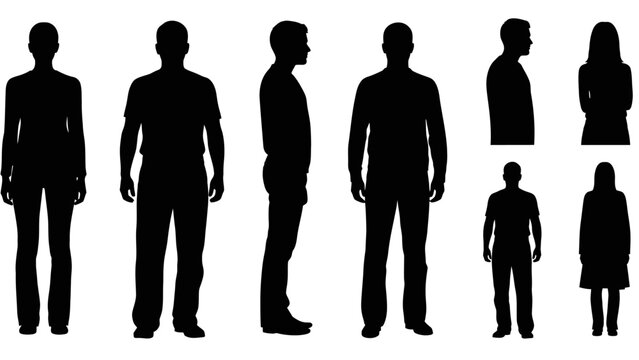 Collection of various human body silhouettes showing different genders, sizes, and poses from front and side views.