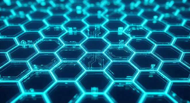 Molecular design with hexagonal shapes. Blue lines form patterns. - Powered by Adobe