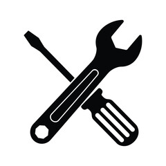 Black and white illustration of a wrench and screwdriver crossed, isolated on