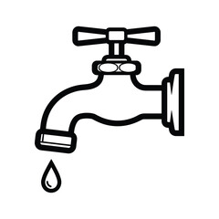 Illustration of a water tap with a drop of water isolated on simple black and white drawing