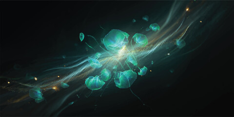 A glowing jellyfish in blue water exhibits fractal motion, embodying the concept of nanotechnology and magic light © Rosa Alba L 