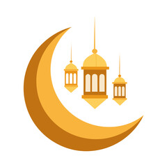 A beautiful illustration featuring a glowing crescent moon and traditional ramadan lanterns