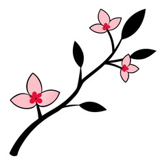 Minimalist design featuring a blooming spring flower branch with simple pink petals and black leaves