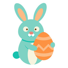 A cute light blue cartoon bunny holding a decorative orange easter egg illustration