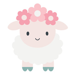 Fototapeta premium Adorable cartoon lamb illustration with a fluffy white body and pink flower crown