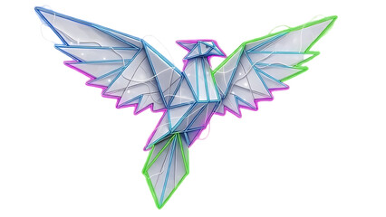 Folded paper phoenix glowing with neon edges.
A mix of craft art and futuristic light.