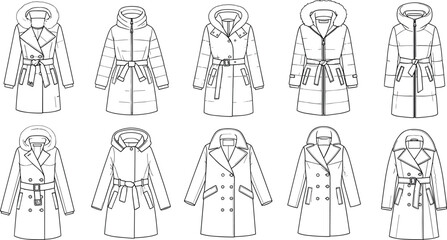 Hand-Drawn Vector Outline Set of Women's Trench Coats, Double-Breasted Jackets, and Casual Fleece Softshell Outerwear Collection for Fashion Design.