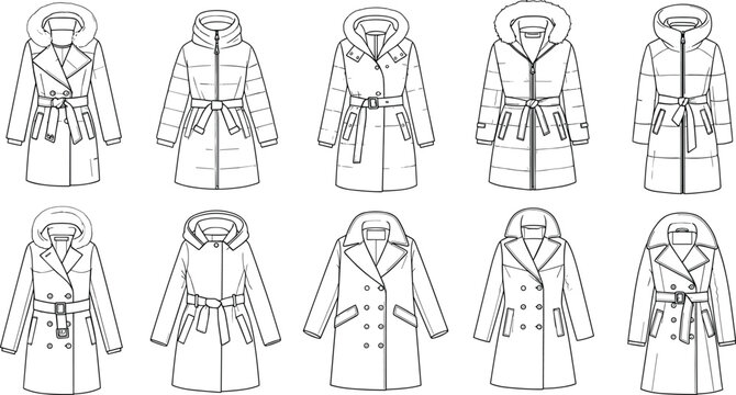 Hand-Drawn Vector Outline Set of Women's Trench Coats, Double-Breasted Jackets, and Casual Fleece Softshell Outerwear Collection for Fashion Design.