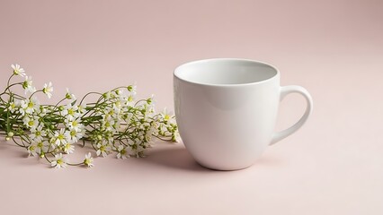 Plain white coffee mug next to a sprig of small white wildflowers on a pastel pink background