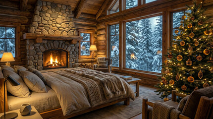 Man sits near tree in a wood house beside a fire during Christmas.