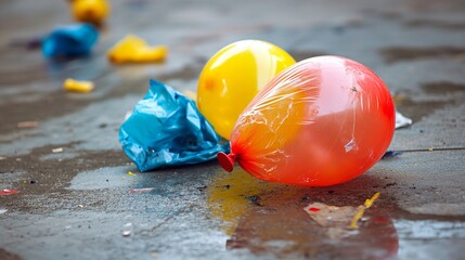 Colorful water balloons scattered on wet concrete surface, capturing vibrant summer play moment with reflective puddles and burst balloon fragments