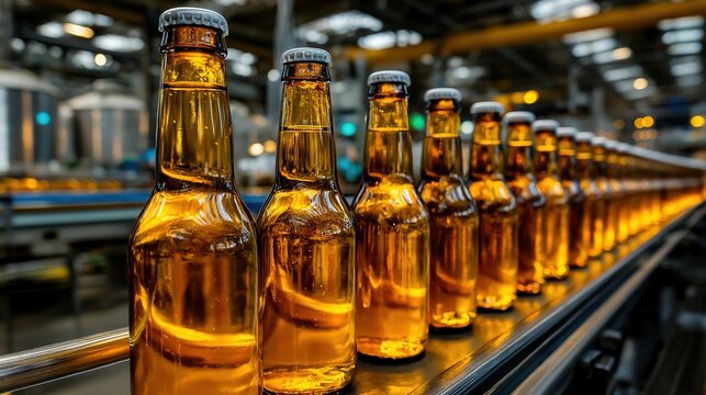 Amber-colored glass beer bottles arranged in a straight line on an industrial conveyor belt in a brewery, showcasing the production process and inviting exploration