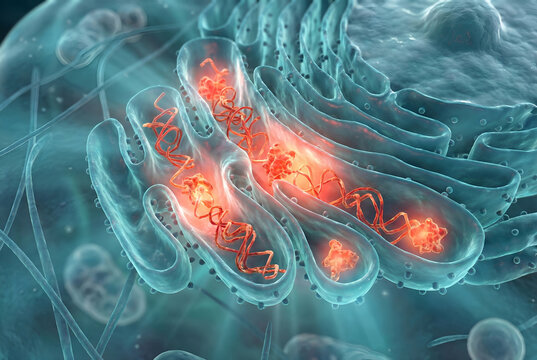 Cross-section of Rough Endoplasmic Reticulum (ER) Containing Misfolded Insulin Proteins. Medical Visualization of ER Stress in Pancreatic Beta Cells.