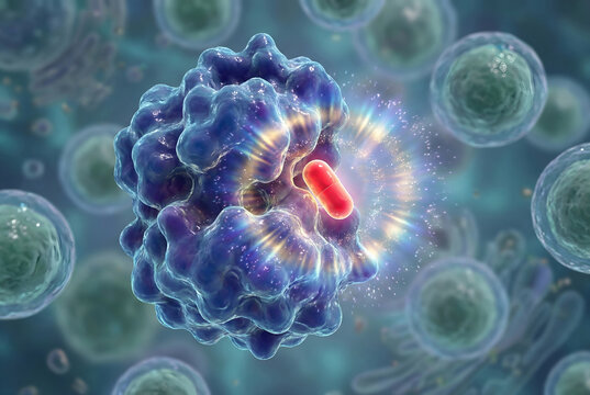 Pharmaceutical Drug Molecule Activating Akt Kinase Enzyme. - 3D Conceptual Illustration of Targeted Therapy Mechanism.
