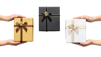 Three hands holding gifts isolated on transparent background