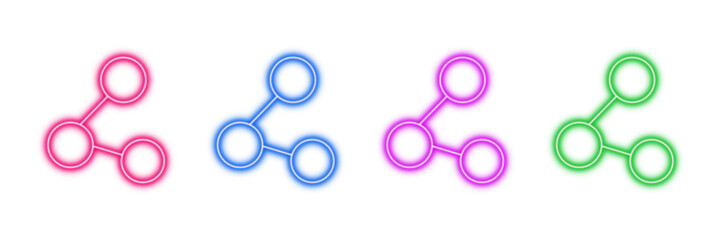 Neon glowing share symbol vector icons set, sharing, network, connection, link, social media, communication, digital design, vibrant colorful illustration on transparent background.
