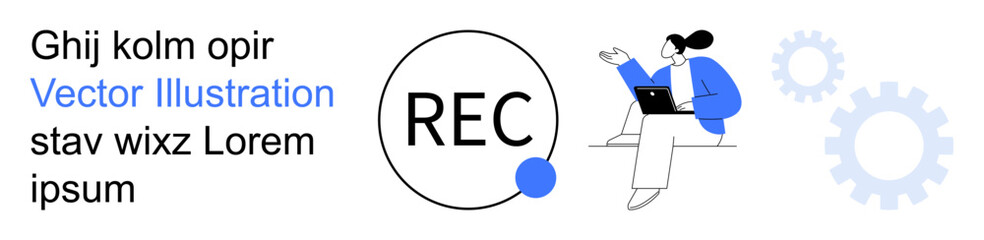 Business productivity, online projects, presentation , creative workflow, digital work, modern communication. Man with a laptop surrounded by abstract shapes. Business productivity and online