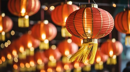 Vibrant red chinese lanterns hanging in a row with golden accents and tassels