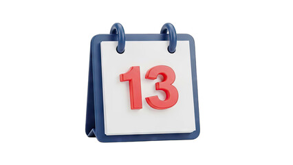 Number 13 on a Realistic 3D Calendar Page with a Transparent Background Showing a Blue and White Design with a Red Number