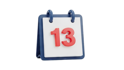 Number 13 on a Realistic 3D Calendar Page with a Transparent Background Showing a Blue and White Design with a Red Number
