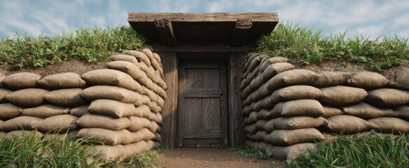 Obraz premium The sandbag fortified bunker entrance stands firm evoking safety and unyielding resolve