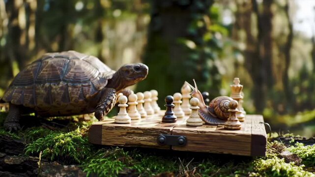 A turtle and a snail playing a game of chess on a wooden board in a sunny forest.
With motion blur and bokeh background.