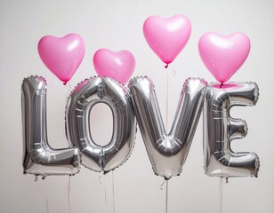 LOVE" Balloons with pink hearts on light neutral background