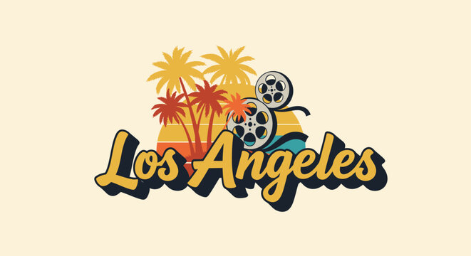 Retro Los Angeles logo with palm trees, sunset, and film reels, evoking California's movie industry and travel vibe.