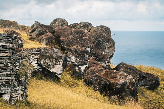 Petroglyphs linked to the Birdman cult at Orongo ceremonial village, Rapa Nui (Easter Island), Chile. The rocks around the village have over 1,700 petroglyphs, making Orongo the island's richest site.