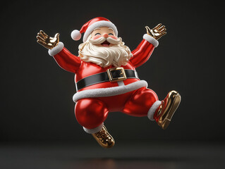 3D render of a cartoon red santa claus jumping, with metallic gold and hot red colors on a black background, with a shiny glass texture and a simple design, looking cute. generative ai