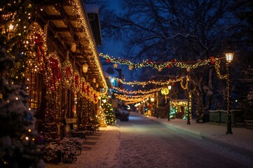 Naklejka premium Festive street scene with illuminated decorations and snow for a winter holiday celebration.