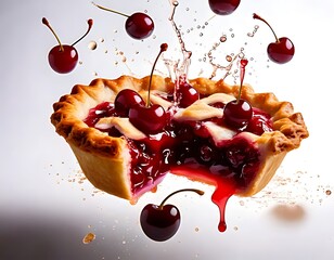 A mouthwatering sample from a freshly made cherry pie with sauce oozing from it