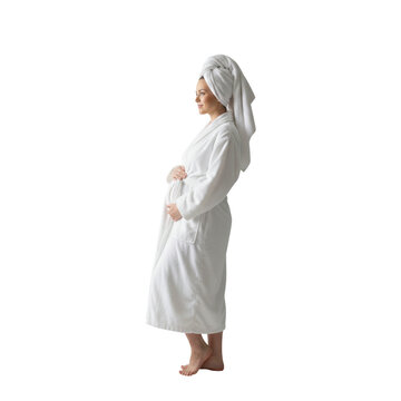 Pregnant woman after shower isolated on transparent or white background, png