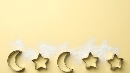 Golden moon and star shapes on yellow background