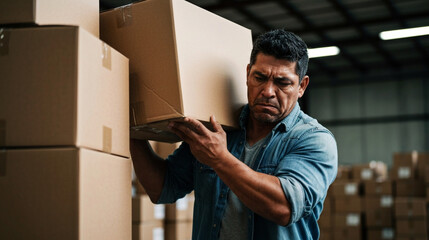Dedicated Warehouse Worker Carrying Heavy Shipping Box on His Shoulder