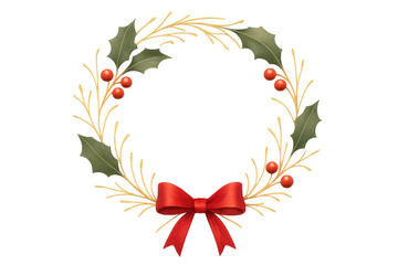 Naklejka premium Christmas holiday wreath with holly leaves, red berries, golden branches and a festive ribbon, transparent background