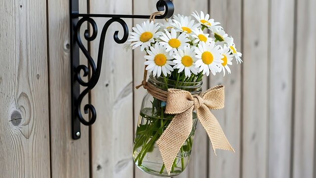 Bunch of white daisies in a glass mason jar with a burlap bow, hanging from a black metal bracket on a light wooden fence or wall.