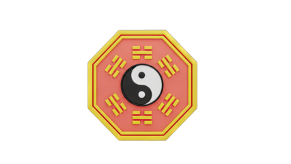 Octagonal Bagua Mirror With Yin Yang Symbol In Center In Front Of Black Background And Yellow Border Red Outline Detailed Symbol