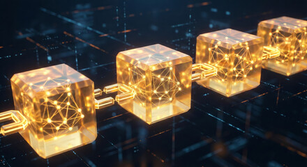 Glowing block cubes connect in digital space.