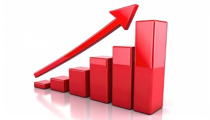 Glossy red graph shows growth with rising arrow