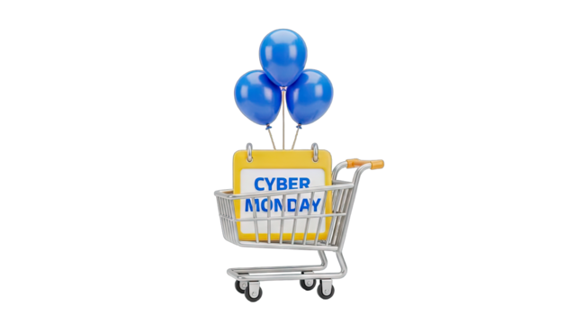 Miniature Shopping Cart Filled With Blue Balloons And A Calendar Displaying Cyber Monday Text On A Transparent Background - Powered by Adobe